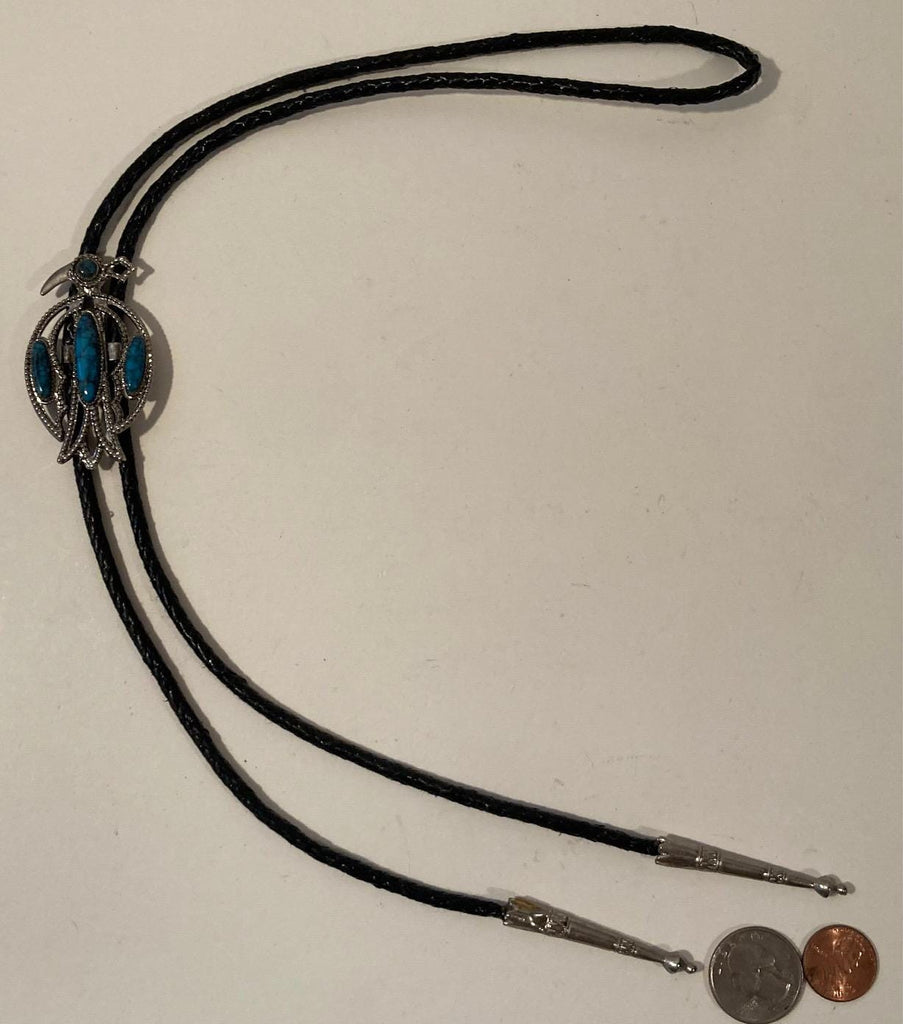 Vintage Metal Bolo Tie, Nice Silver and Blue Turquoise Stones Design, Native, Bird, Nice Western Design, 2 1/4" x 1 1/4", Quality