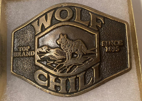 Vintage 1976 Metal Belt Buckle, Wolf Chili, Chili Cook Off, Heavy Duty, Quality, Thick Metal, 3 1/4" x 2 1/2", Made in USA, For Belts