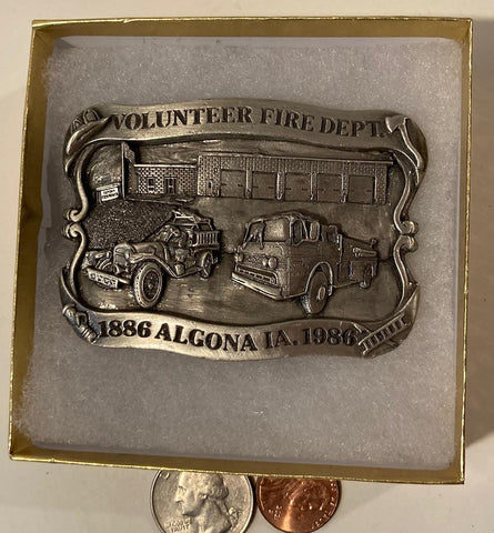 Vintage 1986 Metal Belt Buckle, Pewter, Volunteer Fire Department, Algona, Iowa, Fire Engine, Fire Truck, Nice Design