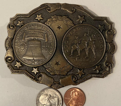 Vintage Metal Belt Buckle, 200 Years of Freedom, Nice Design, 3 3/4" x 3", Heavy Duty, Quality, Made in USA, Thick Metal, For Belts