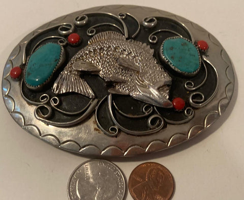 Vintage Metal Belt Buckle, Silver and Turquoise, Bass, Fishing, Hand Crated, Nice Western Style Design, 4 1/4" x 3", Heavy Duty, Quality