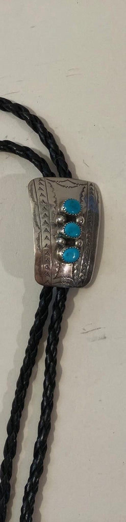 Vintage Metal Bolo Tie, Nice Silver and Blue Turquoise Stones, Triple, Beautiful, Nice Design, 2" x 1 1/2", Nice Design, Quality, Heavy Duty