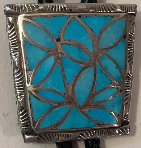 Vintage Metal Bolo Tie, Nice Silver and Blue Turquoise Stone Design, Intricate, Nice Design, 1 1/4" x 1 1/4", Nice Design, Quality