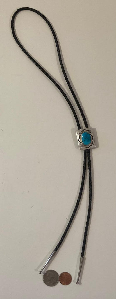 Vintage Metal Bolo Tie, Nice Silver and Blue Turquoise Stone Design, Native, Nice Design, 1 1/4" x 1", Nice Design, Quality, Heavy Duty