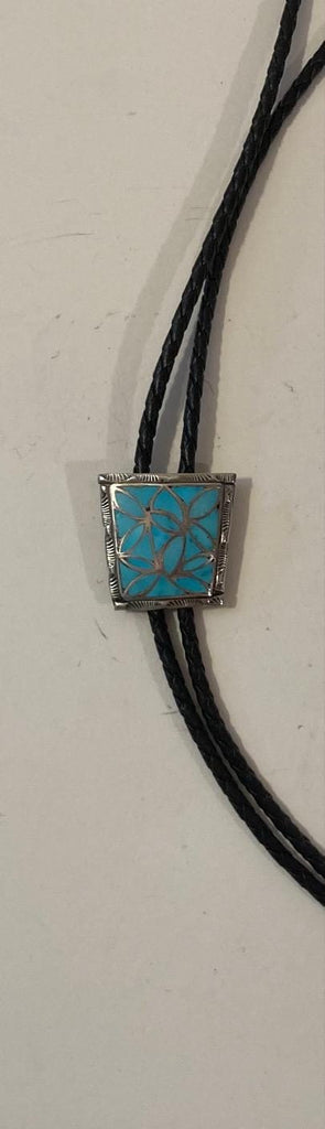 Vintage Metal Bolo Tie, Nice Silver and Blue Turquoise Stone Design, Intricate, Nice Design, 1 1/4" x 1 1/4", Nice Design, Quality