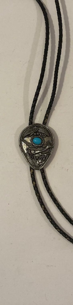 Vintage Metal Bolo Tie, Nice Silver and Blue Stone Design, Native, Bird, Nice Design, 2" x 1 1/2", Nice Design, Quality, Heavy Duty