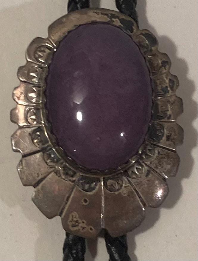 Vintage Metal Bolo Tie, Nice Silver with Purple Stone Design, Nice Western Design, 1 3/4" x 1 1/4", Quality, Heavy Duty