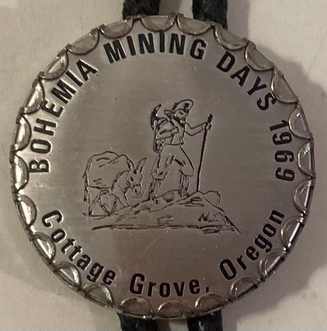 Vintage 1969 Metal Bolo Tie, Bohemia Mining Days 1969, Cottage Grove, Oregon, Nice Design, 1 1/2" x 1 1/2", Nice Design, Quality