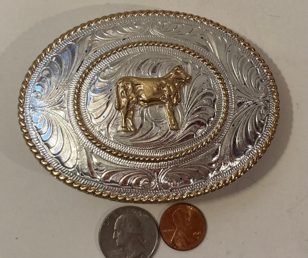 Vintage Metal Belt Buckle, Silver and Brass, Cow, Steer, Hefner, Livestock, Show, Justin, Nice Western Design, 4" x 3", Heavy Duty