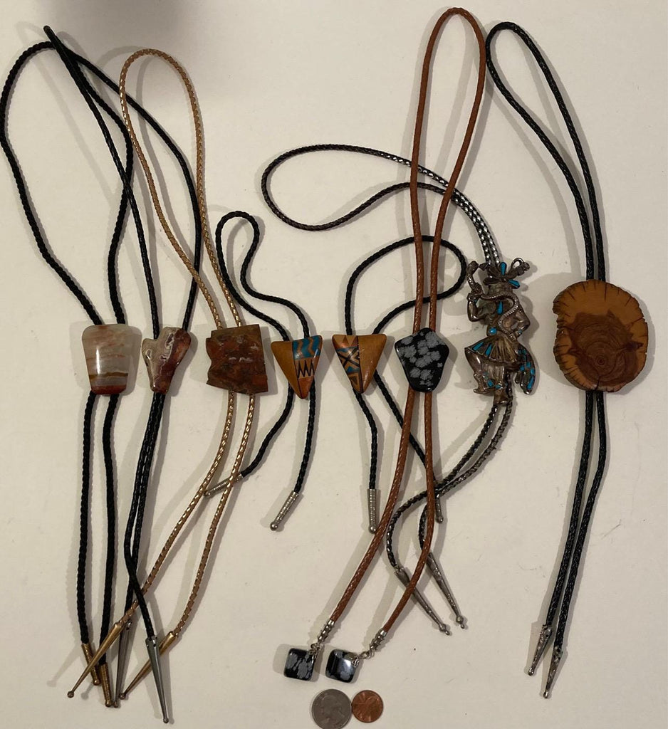 Vintage Lot of 8 Metal Bolo Ties, Stones, Pet, Native, Wood, More, Nice Western Designs, Quality, Heavy Duty, Country & Western, Cowboy
