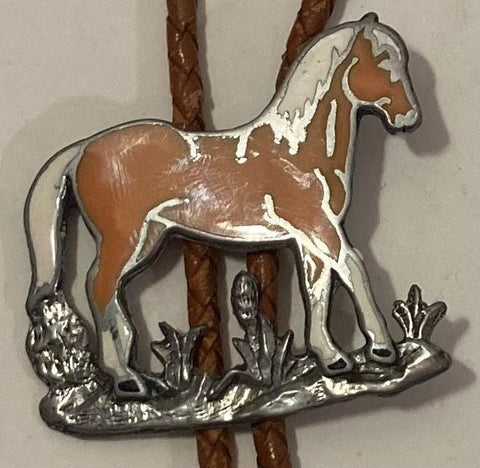 Vintage Metal Bolo Tie, Nice Silver Horse with Nice Enamel Design, Nice Design, 2" x 1 3/4", Quality, Heavy Duty