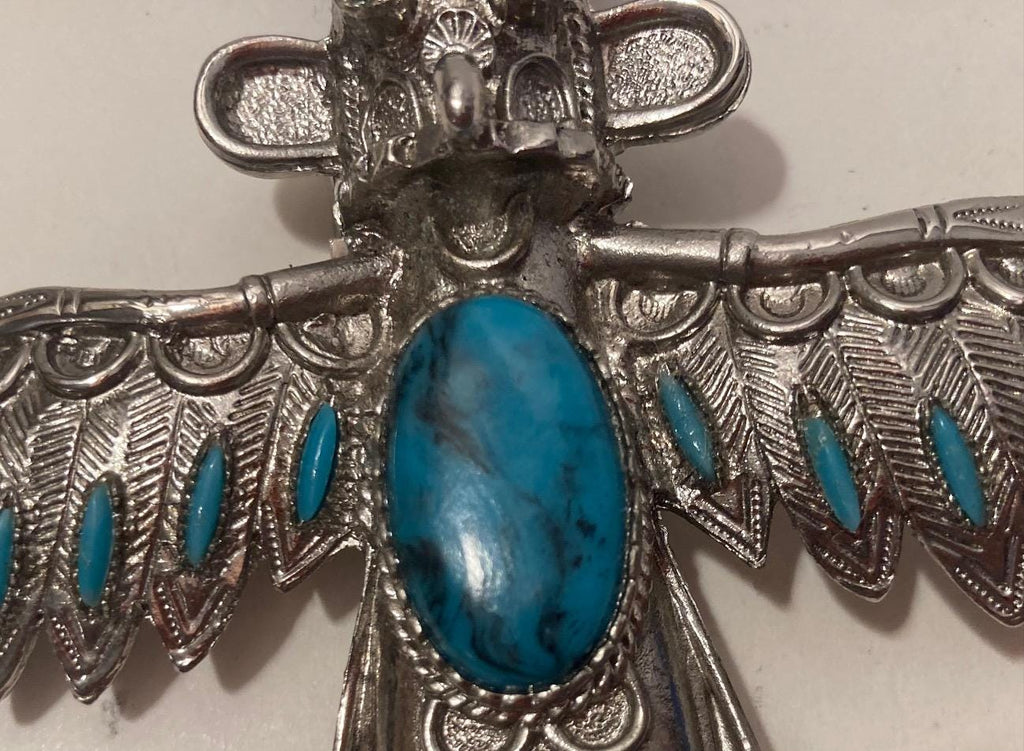 Vintage Metal Bolo Tie, Nice Native Design, Thunderbird, Nature, Blue Turquoise, Nice Design, 4" x 3 1/2", Quality, Heavy Duty