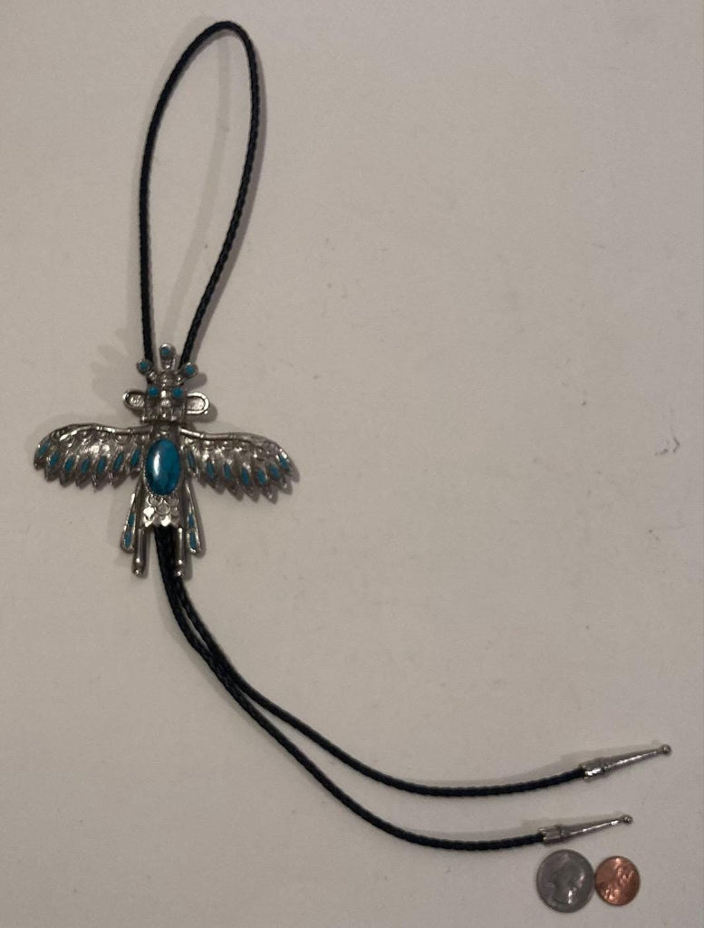 Vintage Metal Bolo Tie, Nice Native Design, Thunderbird, Nature, Blue Turquoise, Nice Design, 4" x 3 1/2", Quality, Heavy Duty