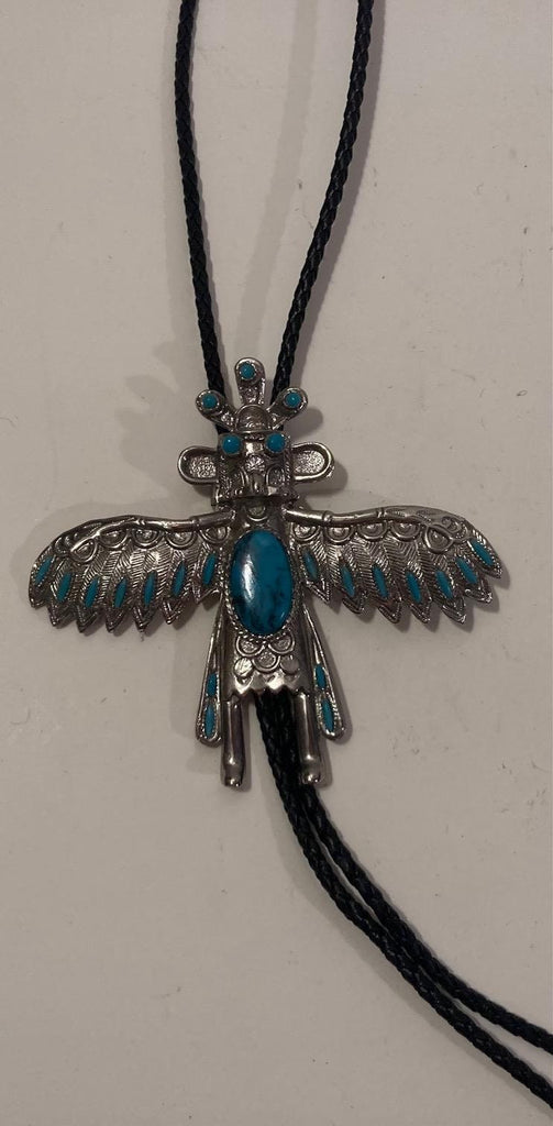 Vintage Metal Bolo Tie, Nice Native Design, Thunderbird, Nature, Blue Turquoise, Nice Design, 4" x 3 1/2", Quality, Heavy Duty