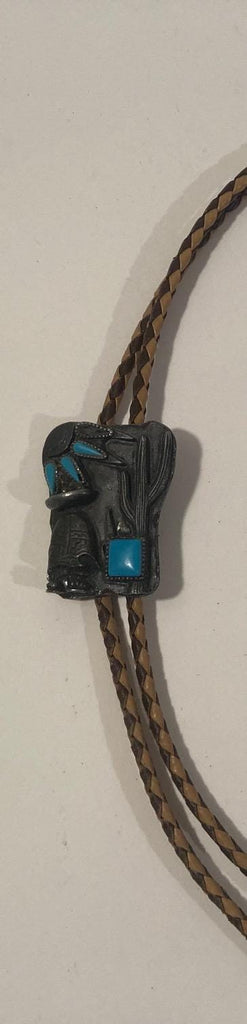 Vintage Metal Bolo Tie, Nice Cactus, Man, Blue Stones, Turquoise Square Design, Nice Western Design, 1 3/4" x 1 1/2", Quality, Heavy Duty