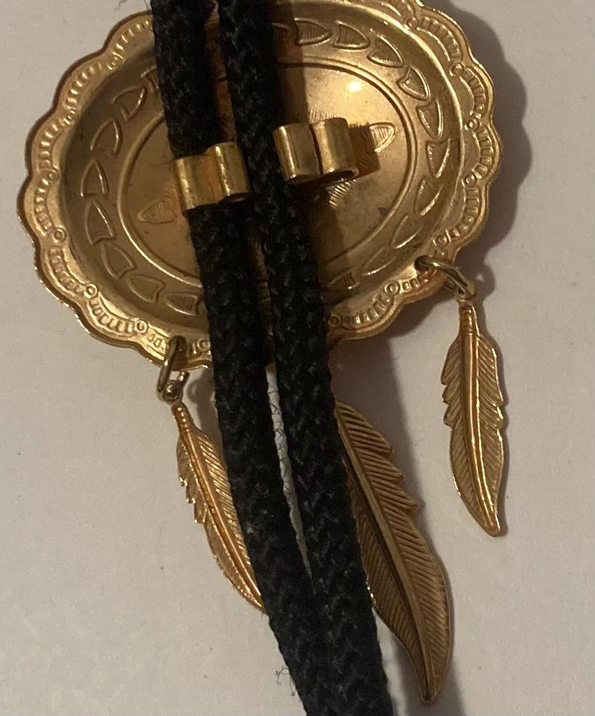 Vintage Metal Bolo Tie, Nice Brass Design with Gold Feathers, Nice Western Design, 3" x 1 3/4", Quality, Heavy Duty