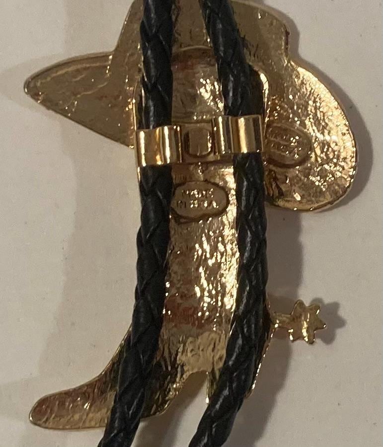 Vintage Metal Bolo Tie, Nice Brass Cowboy Hat Over Boots Design, Nice Western Design, 2 1/2" x 2", Quality, Heavy Duty