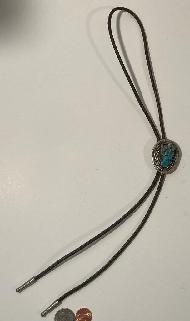 Vintage Metal Bolo Tie, Nice Silver and Blue Turquoise Stone Design, Nice Design, 1 3/4" x 1 1/2", Quality, Heavy Duty