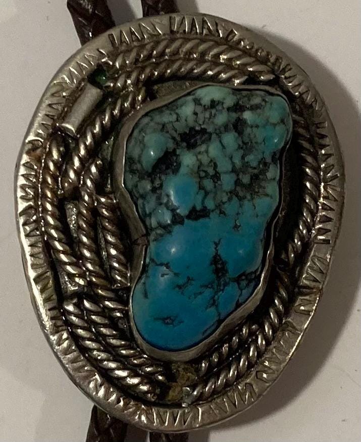 Vintage Metal Bolo Tie, Nice Silver and Blue Turquoise Stone Design, Nice Design, 1 3/4" x 1 1/2", Quality, Heavy Duty