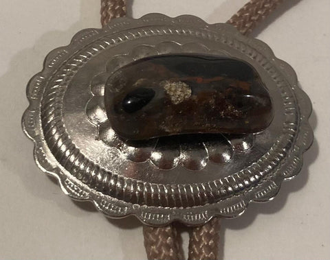 Vintage Metal Bolo Tie, Nice Conchoe and Stone Design, Brown Cord, Nice Western Design, 2" x 1 1/2", Quality, Heavy Duty