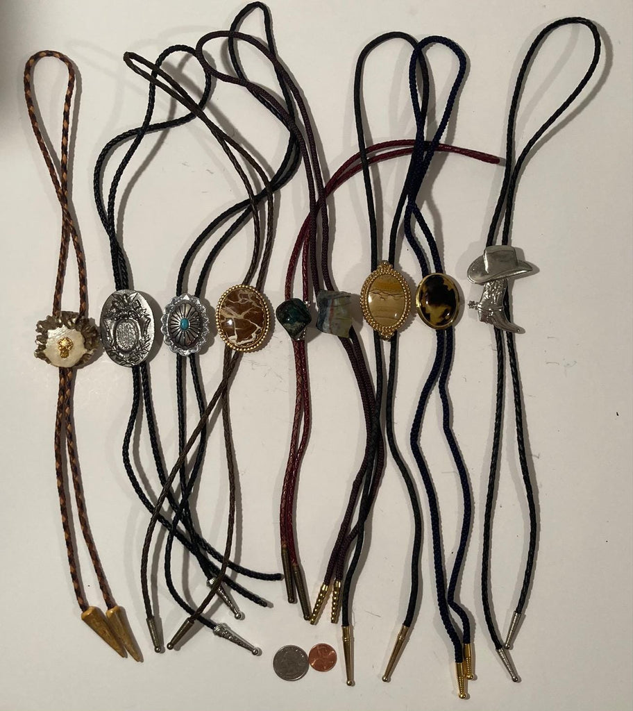 Vintage Lot of 9 Metal Bolo Ties, Nice Different Designs, Buck Deer, Turquoise, Cowboy Hat and Boot, More, Heavy Duty