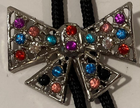 Vintage Metal Bolo Tie, Nice Silver and Sparkly Colored Stones Ribbon, Bow, Nice Design, 2" x 1 1/2", Quality, Heavy Duty