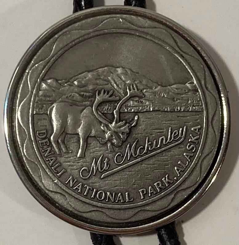 Vintage Metal Bolo Tie, Mt McKinley, Denali National Park, Alaska, Elk, Nature, Nice Design, 1 1/2" x 1 1/2", Quality, Heavy Duty