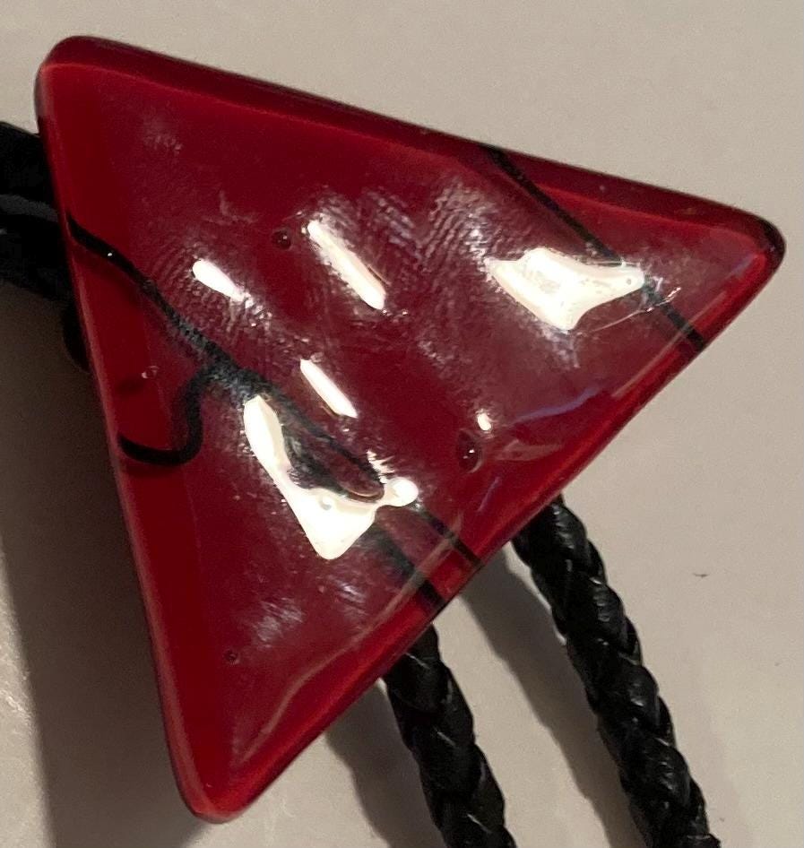 Vintage Metal Bolo Tie, Nice Red Shiny Triangle Design, Nice Design, 2" x 1 1/4", Quality, Heavy Duty, Made in USA, Country & Western