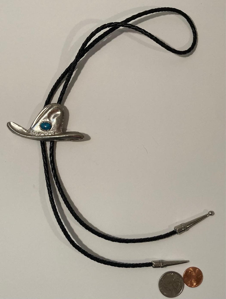 Vintage Metal Bolo Tie, Nice Silver Cowboy Hat with Turquoise Stone, Hoss, Bonanza, Nice Design, 2" x 1 1/2", Quality, Heavy Duty