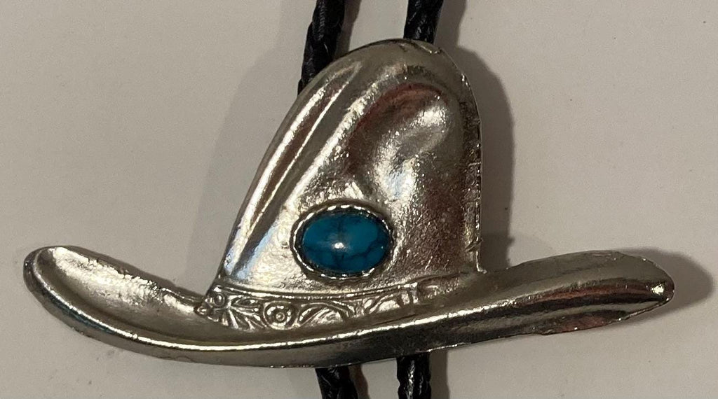 Vintage Metal Bolo Tie, Nice Silver Cowboy Hat with Turquoise Stone, Hoss, Bonanza, Nice Design, 2" x 1 1/2", Quality, Heavy Duty