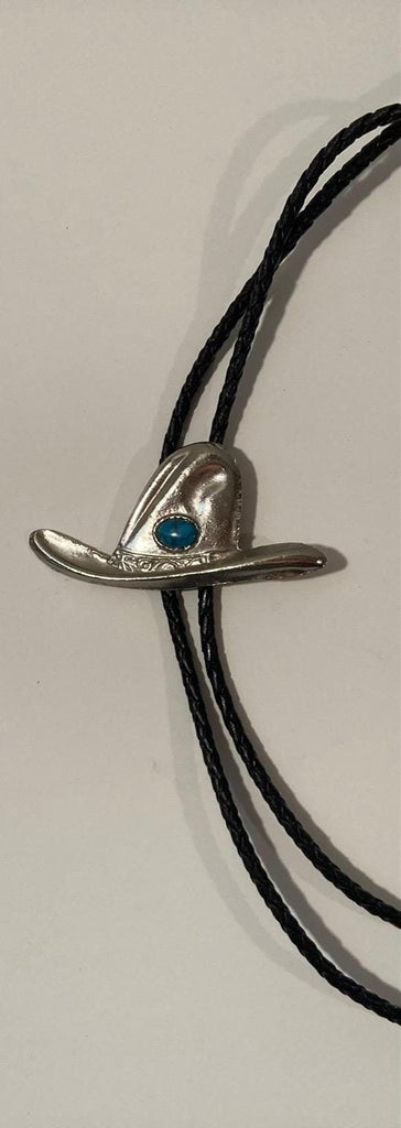 Vintage Metal Bolo Tie, Nice Silver Cowboy Hat with Turquoise Stone, Hoss, Bonanza, Nice Design, 2" x 1 1/2", Quality, Heavy Duty