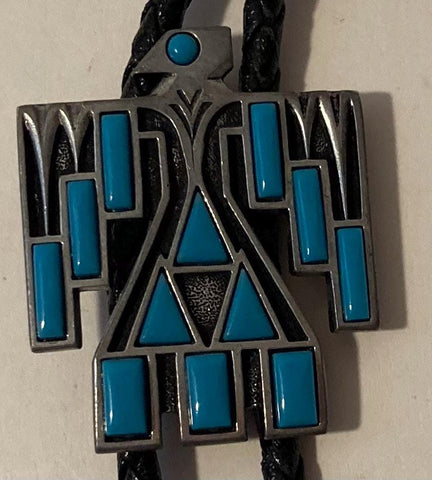 Vintage Metal Bolo Tie, Nice Thunderbird Design with Nice Blue Stones, Nice Western Design, 1 1/2" x 1 1/4", Quality, Heavy Duty