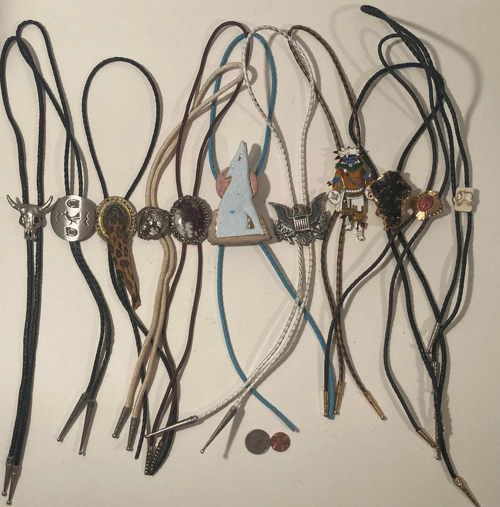 Vintage Lot of 11 Metal Bolo Ties, Nice Different Quality Designs, Bull, Wolf, Native Guy, More, Heavy Duty, Made in USA, Country