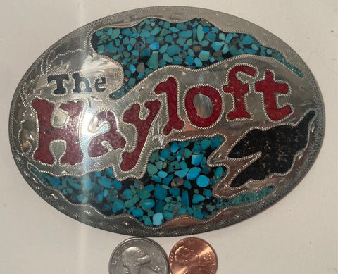 Vintage Metal Belt Buckle, Nickel Silver and Blue Turquoise Stones, The Hayloft, Big Size, 5" x 3 1/2", Cowboy Style, Heavy Duty