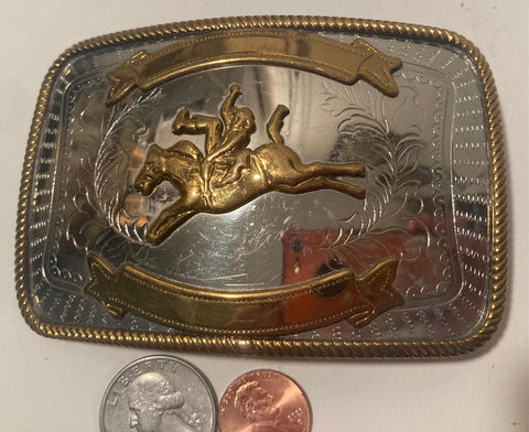 Vintage Metal Belt Buckle, Nickel Silver and Brass, Bronco Busting, 4" x 2 1/2", Cowboy Style, Heavy Duty, Quality, Thick Metal, For Belts