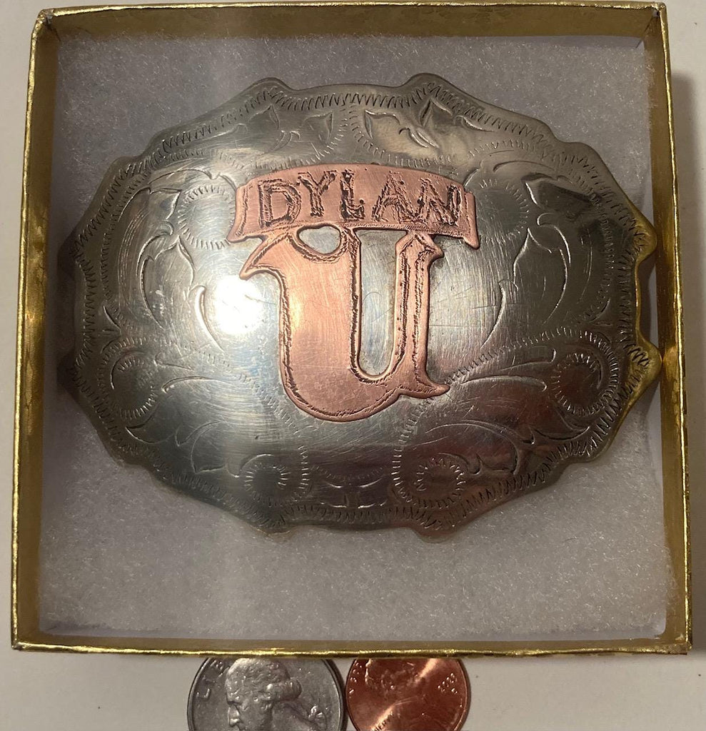 Vintage 2002 Metal Belt Buckle, Silver and Copper, Dylan, Nice Design, 3 1/2" x 2 1/2", Heavy Duty, Quality, Thick Metal