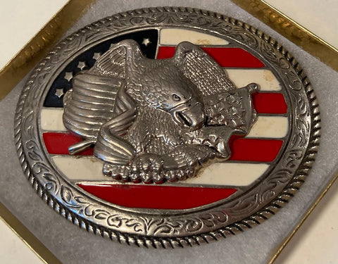 Vintage Metal Belt Buckle, American Flag, American Bald Eagle, Nice Design, 3 1/2" x 3", Heavy Duty, Quality