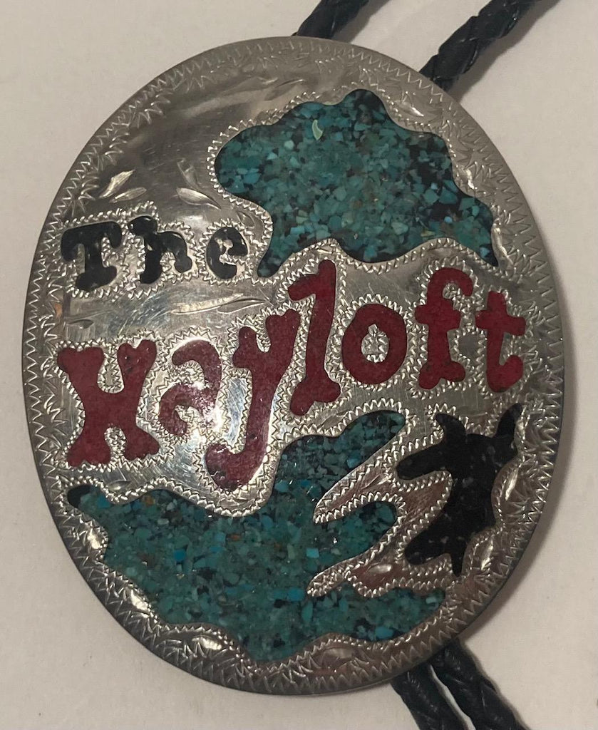 Vintage Metal Bolo Tie, Nice Silver and Crushed Turquoise, The Hayloft, Nice Design, 2 1/2" x 2", Quality, Heavy Duty