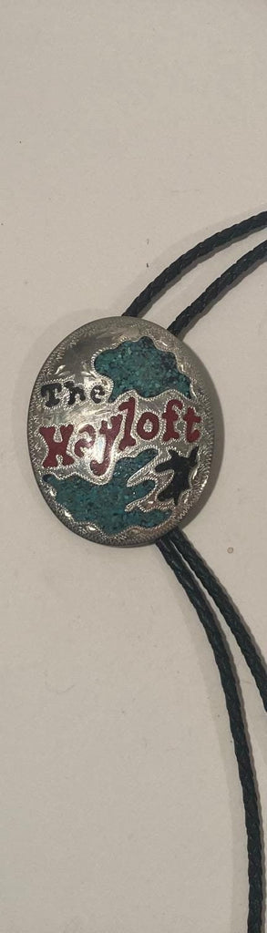 Vintage Metal Bolo Tie, Nice Silver and Crushed Turquoise, The Hayloft, Nice Design, 2 1/2" x 2", Quality, Heavy Duty