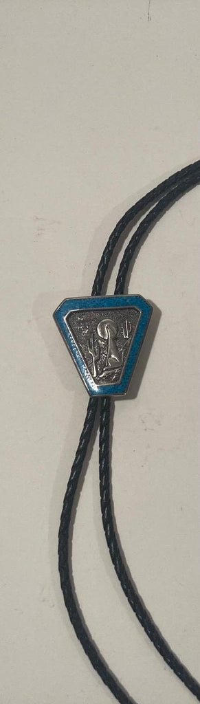 Vintage 1989 Metal Bolo Tie, Nice Silver and Crushed Turquoise, Triangle, Wolf, Cactus, Nice Design, 1 3/4" x 1 3/4", Quality, Heavy Duty