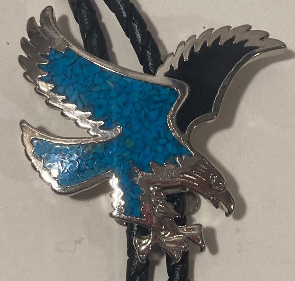 Vintage Metal Bolo Tie, Nice Silver and Blue Crushed Turquoise Stones, American Bald Eagle, Nature, Wildlife, Nice Design