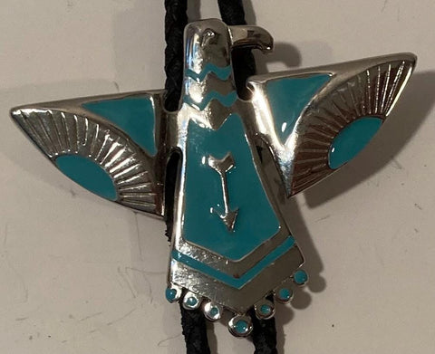 Vintage Metal Bolo Tie, Nice Silver and Green Enamel, Native, Thunderbird, Eagle, Bird, Nice Design, 2 3/4" x 2 1/4", Quality, Heavy Duty