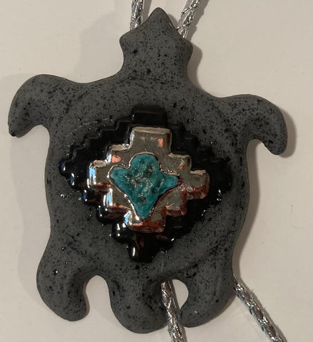 Vintage Metal Bolo Tie, Nice Big Size Turtle, Turquoise, Enamel, Nice Design, 4" x 3 1/4", Quality, Heavy Duty