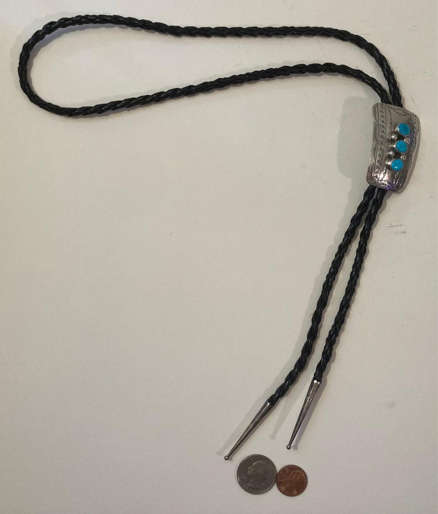 Vintage Metal Bolo Tie, Nice Silver and Blue Turquoise Stones, Triple, Beautiful, Nice Design, 2" x 1 1/2", Nice Design, Quality, Heavy Duty