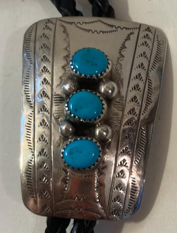 Vintage Metal Bolo Tie, Nice Silver and Blue Turquoise Stones, Triple, Beautiful, Nice Design, 2" x 1 1/2", Nice Design, Quality, Heavy Duty