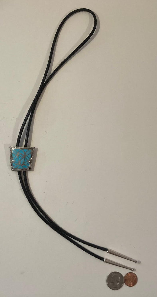 Vintage Metal Bolo Tie, Nice Silver and Blue Turquoise Stone Design, Intricate, Nice Design, 1 1/4" x 1 1/4", Nice Design, Quality