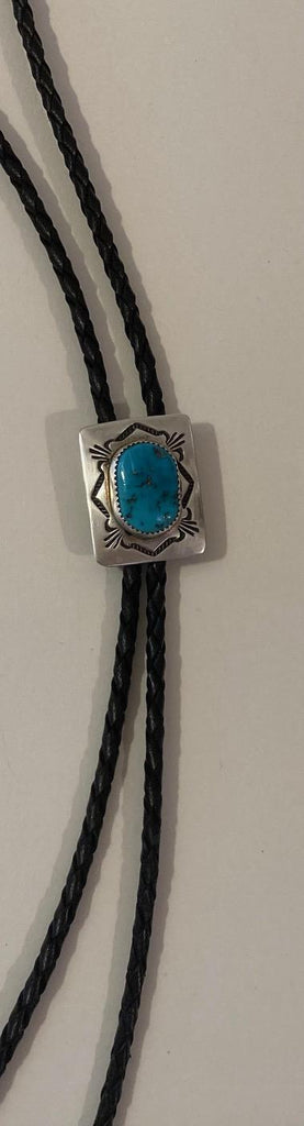 Vintage Metal Bolo Tie, Nice Silver and Blue Turquoise Stone Design, Native, Nice Design, 1 1/4" x 1", Nice Design, Quality, Heavy Duty