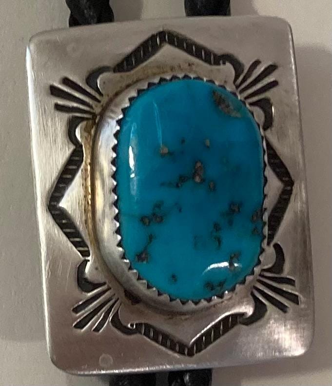 Vintage Metal Bolo Tie, Nice Silver and Blue Turquoise Stone Design, Native, Nice Design, 1 1/4" x 1", Nice Design, Quality, Heavy Duty