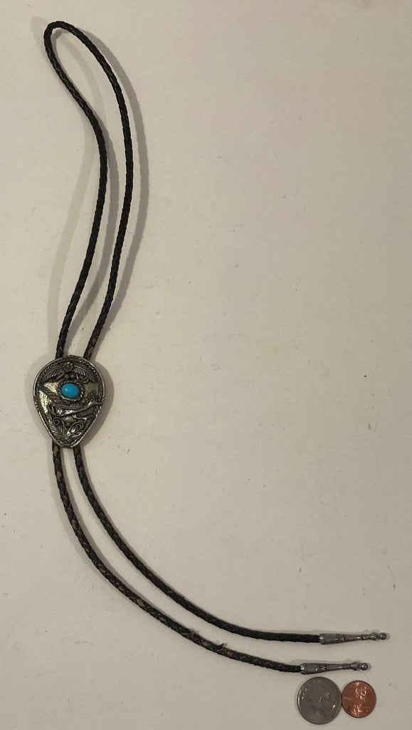 Vintage Metal Bolo Tie, Nice Silver and Blue Stone Design, Native, Bird, Nice Design, 2" x 1 1/2", Nice Design, Quality, Heavy Duty