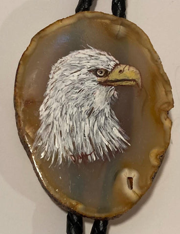 Vintage Metal Bolo Tie, Nice Brown Stone Design with Nice Hand Painted American Bald Eagle, Nice Design